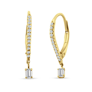 Dangle Hoop Leverback Earrings Round & Baguette CZ Yellow Tone 925 Sterling Silver